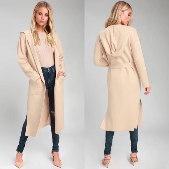 LULUS timeless touch beige longline open hooded cardigan patch pockets tie sz S - Picture 1 of 10